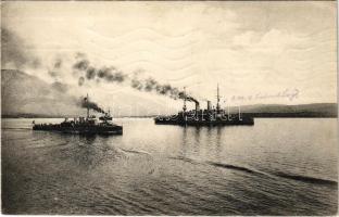 1910 SMS Babenberg osztrák-magyar csatahajó és SMS Ulan Huszár-osztályú romboló / K.u.K. Kriegsmarine, Torpedobootzerstörter. Phot. Alois Beer (Rb)