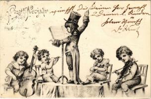 1903 Prosit Neujahr / New Year greeting art postcard, children&#039;s band