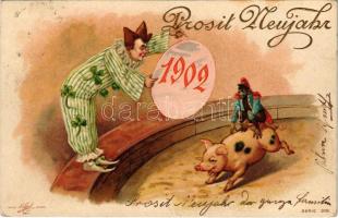 1902 Prosit Neujahr / New Year greeting art postcard with circus clown, monkey riding on a pig, clovers. litho (EK)