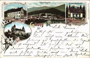 1898 (Vorläufer) Raach am Hochgebirge, Hotel zur schönen Aussicht (Rosalia Westermayer), Geschäftshaus Peter Ehrenhöfer, Schloss Wartenstein / hotel, shop, castle. Art Nouveau, floral, litho