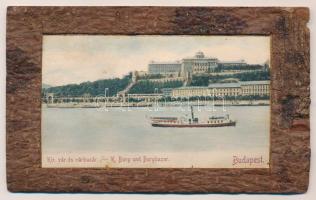 Budapest I. Királyi vár és várbazár, gőzhajó Odol reklámmal. Fakéregből készült keményhátú képeslap / Thick wooden postcard made out of tree bark