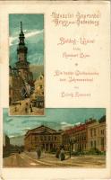 1900 Sopron, Várostorony, Színház tér. Boldog Újévet kíván Kummert Lajos. L. F. Kummert saját kiadása, litho (EK)