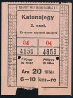 1940 III. osztályú katonajegy, Budapest Helyi Érdekű Vasutak Rt. Pomázról Budapestre, 6-10 km-es viszonylatban, a hátoldalon &quot;Pomáz BHÉV 940XII14&quot; bélyegzéssel