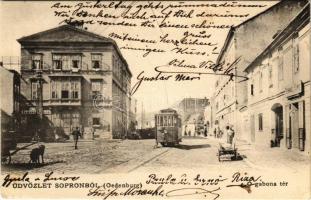 1907 Sopron, Ó-gabona tér, villamos, Schwarz Samu üzlete (EK)