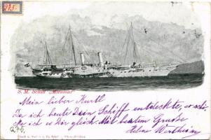 1898 (Vorläufer) S.M. Schiff &quot;Miramar. K.u.K. Kriegsmarine Radjacht / SMS Miramar, Osztrák-Magyar Haditengerészet kerekes gőzjachtja / Austro-Hungarian Navy yacht. Fr. Schöler (szakadás / tear)