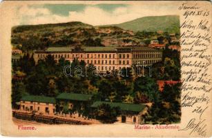 1901 Fiume, Rijeka; Osztrák-magyar haditengerészeti akadémia, vasútállomás vonattal / Academia di marina / K.u.K. Kriegsmarine Marine Akademie. Stengel &amp; Co. / Austro-Hungarian Navy academy, railway station, train. litho (b)