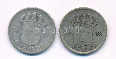 Svédország 1917. 25ö Ag + 1938. 25ö Ag T:F patina
Sweden 1917. 25 Öre Ag + 1938. 25 Öre Ag C:F pati...