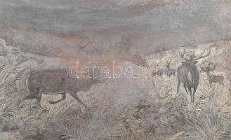 Régi szarvasjelenetes fém doboz, kopásnyomokkal, 17×12×4,5 cm