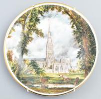 Angol porcelán dísztál, a Salisbury Katedrális képével, fém pántolattal, jelzett, kopott, d: 20,5 cm