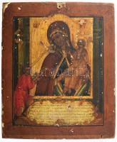 Orosz ikonfestő, XIX. sz. második fele, Ikon, Istenanya a gyermek Jézussal, bal oldalt szent ábrázolásával. Fa, tojástempera. Sérülésekkel, 20x17 cm