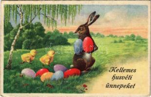 1942 Kellemes húsvéti ünnepeket! Nyuszi és hímes tojások / Easter greeting, rabbit and painted eggs. Rokat 1434. (EK) + LITÉR POSTAÜGYN.