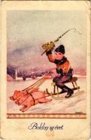 1943 Boldog új évet! malac szán / New Year greeting, pig sled s: Bernáth (EB)