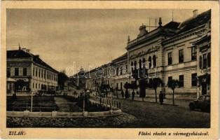 1941 Zilah, Zalau; Fő tér, vármegyeháza, gyógyszertár, automobil. Kaszab L. kiadása / main square, county hall, pharmacy, automobile (EK)