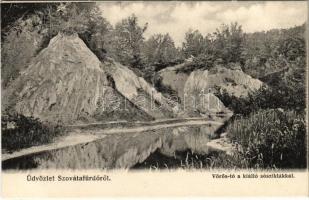 Szováta, Sovata; Vörös-tó a kiálló sósziklákkal. Hönig Bernát kiadása / lake, salt rocks (EK)