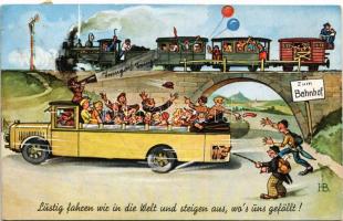 1939 Zum Bahnhof - Lustig fahren wir in die Welt und steigen aus, wo&#039;s uns gefällt! / Autóbuszos és vonatos kirándulás, humor / Railway, bus and train trip, humour + &quot;1909-1939 30 Jahre Postscheckdienst&quot; So. Stpl (EK)