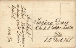 1916 Pola, Osztrák-Magyar Haditengerészeti gőzbárka matrózokkal az SMS LUSSIN mellett / K.u.K. Krieg...