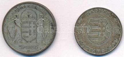 1930. 5P Ag "Horthy jobbra" + 1947. 5Ft Ag "Kossuth" T:F,VF paitna Adamo P8, F8....