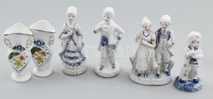 6 db porcelán figura és váza. Matricás, jelzett, minimális lepattanással 16 cm