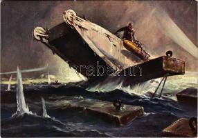 Forzamento di Pola compiuto dal Grillo notte dal 13 al 14 maggio 1918. A Beneficio dellIstituto Principe di Piemonte Ministero Marina / Olasz haditengerészet ugróhajója / WWI Italian Navy jumping boat (seagoing tank) s: Vittorio Pisani