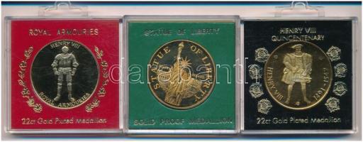 Nagy-Britannia / Amerikai Egyesült Államok 3db klf modern emlékérem dísztokban, közte VIII. Henrik (2xklf), Ellis-sziget T:PP Great-Britain / USA 3xdiff modern gilt metal commemorative medallion in case, with Henry VII (2x), Ellis Island C:PP