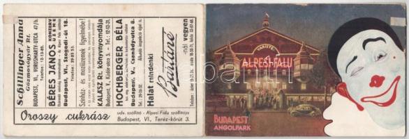 Budapest XIV. Alpesi Falu Barieté az Angol parkban. Cirkuszi reklámlap bohóccal. Kinyitható képeslap az 1943-as júliusi műsorral / Hungarian circus advertisement. Folding postcard with the July show (15 cm x 10,3 cm) (kopott sarok / worn corner)