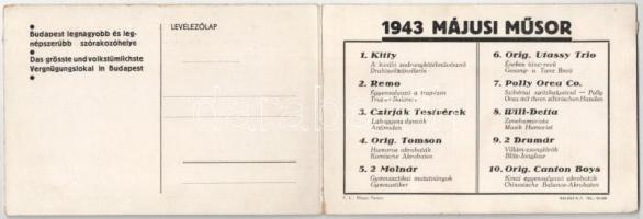 Budapest XIV. Alpesi Falu Barieté az Angol parkban. Cirkuszi reklámlap bohóccal. Kinyitható képeslap...