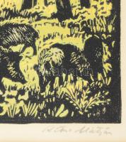 Réti Mátyás (1922-2002): Erdőben (vaddisznók). Színes linómetszet, papír, jelzett, üvegezett fakeret...