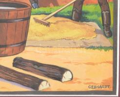 Gönczi-Gebhardt Tibor (1902-1994): Élet az udvarban. Tempera, papír, jelzett, üvegezett fakeretben, ...