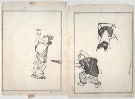 Ishikawa Toyonobonu (1711-1785), japán művész, 2 db mű: Jelenet. Fametszet, papír. Jelzés nélkül. 22,5x16 cm.
