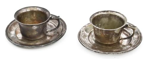 Spolarich kávéház 2 darab alpakka csésze alátéttel, kopással, jelzett, d: 19 cm, m: 7 cm