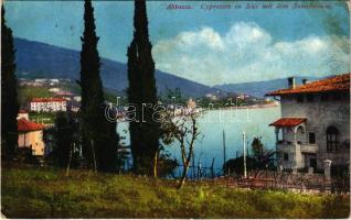 1913 Abbazia, Opatija; Cypressen in Icici mit dem Sanatorium (Rb)