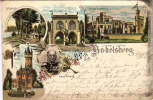 1898 (Vorläufer) Potsdam, Schloss Babelsberg, Bildstöckl, Gerichtslaube, Flatow Thurm, Kaiser Wilhelm I. / castle, tower. Art Nouveau, floral, litho