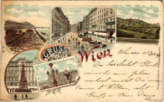 1899 (Vorläufer) Wien, Vienna, Bécs; Kahlenberg u. Leopoldsberg, Am Graben, Dreifaltigkeitssäule, Stefaniebrücke m. Hotel Metropole. Art Nouveau, floral, litho (EK)
