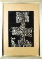 Veress Pál (1920-1999): Ingatag bálvány I.. Vegyes technika, kollázs, papír, jelezve balra lent, üvegezett fakeretben, 69×49 cm