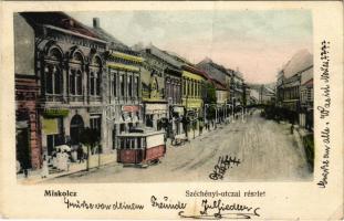 1905 Miskolc, Széchenyi utca, villamos, Langer Sámuel üzlete, könyvnyomda (fa)