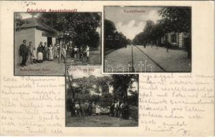 1916 Budapest XVI. Annatelep (ma Árpádföld), HÉV vasútállomás, Szt. Anna kép, Szövetkezeti üzlet, vonat