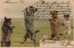 Dogs playing golf Litho