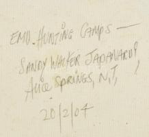 Sandy Walker (1956-): Emu hunting camps. Vegyes technika, vászon, jelzett a hátoldalán. 19x20 cm. Va...