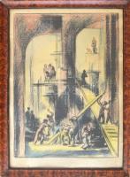 Szőnyi István (1894-1960): Építkezés, 1926. Akvarellel színezett litográfia, papír, jelzett. Lap széle kissé foltos, apró szakadással. Üvegezett fakeretben. 42x30,5 cm