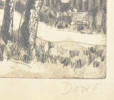 Doór Ferenc (1918-2015): Diófák. Rézkarc, papír, jelzett, üvegezett fa keretben, 20x29,5 cm