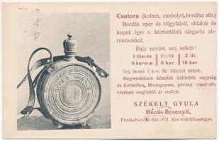 1912 Búzásbesenyő, Valea Izvoarelor; Csutora (kulacs, csobolyó, bordika, stb.) Székely Gyula reklámlapja / Transylvanian folklore, flask advertisement (EK)