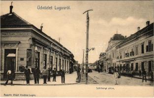 Lugos, Lugoj; Széchenyi utca, kávéház, üzletek. Auspitz Adolf kiadása / street view, café, shops