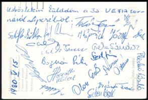 1980 A ZTE labdarúgócsapatának tagjai által aláírt képeslap / Autograph signed postcard of Hungarian...