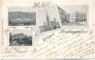 1901 Abrudbánya, Abrud; Ferenc József laktanya, Detonáta hegy, A három magyar templom, városháza. Gálfy György fényképész kiadása / military barracks, Three Hungarian churches, town hall, mountain. Art Nouveau, floral (kis szakadás / small tear)