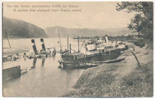 Orsova, A szerbek által elsüllyesztett hajók Orsova mellett. Hutterer G. kiadása / Von den Serben zerschossene Schiffe bei Orsova / WWI ships destroyed by Serbian forces near Orsova (fa)