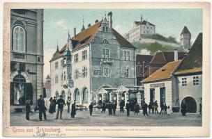 Segesvár, Schässburg, Sighisoara; Gewerbevereinshaus und Gymnasium / Iparosegylet székháza és gimnázium, Karl Habermann üzlete / House of Craftsmen Association, grammar school, shops