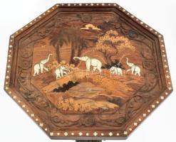 India, XX. sz. második fele, Kis asztal. Elefánt figurális lábakkal, csont berakásos jelenetekkel, f...