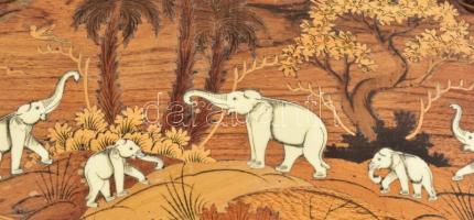 India, XX. sz. második fele, Kis asztal. Elefánt figurális lábakkal, csont berakásos jelenetekkel, f...
