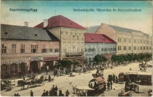 1918 Sepsiszentgyörgy, Sfantu Gheorghe; Szabadság tér, Városháza, Városi nagy szálloda, piac, Bikfalvi és Berkovics Herman üzlete. Vajna Testvérek kiadása / square, market, town hall, hotel, shops (EK)