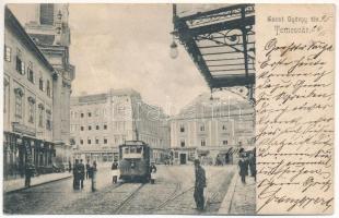 1905 Temesvár, Timisoara; Szent György tér, villamos, Maison Lechner, Varneky A., Farber Miksa üzlete. Divald Károly 764. kiadása / square, tram, shops (Rb)